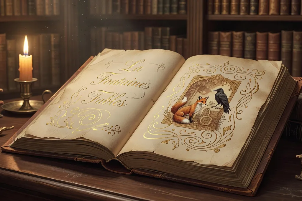 Reliure ancienne d'un volume des Fables de La Fontaine ouvert sur une page enluminée