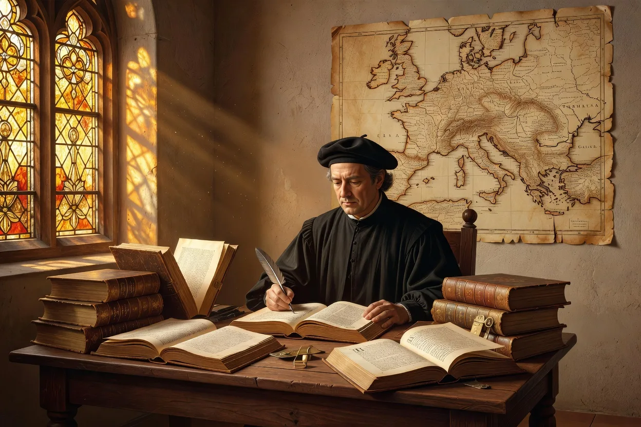 Portrait d'Érasme de Rotterdam par Hans Holbein le Jeune, couleurs chaudes, fond sombre, plume et livre ouverts sur une table en bois