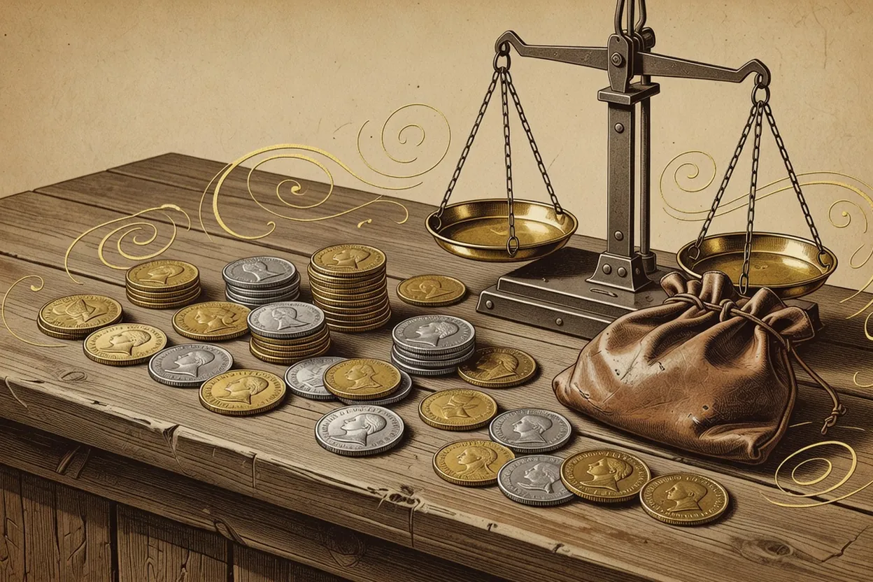 Bourse ancienne, pièces et carnet de comptes posés sur une table de bois, évocation de l'économie domestique française