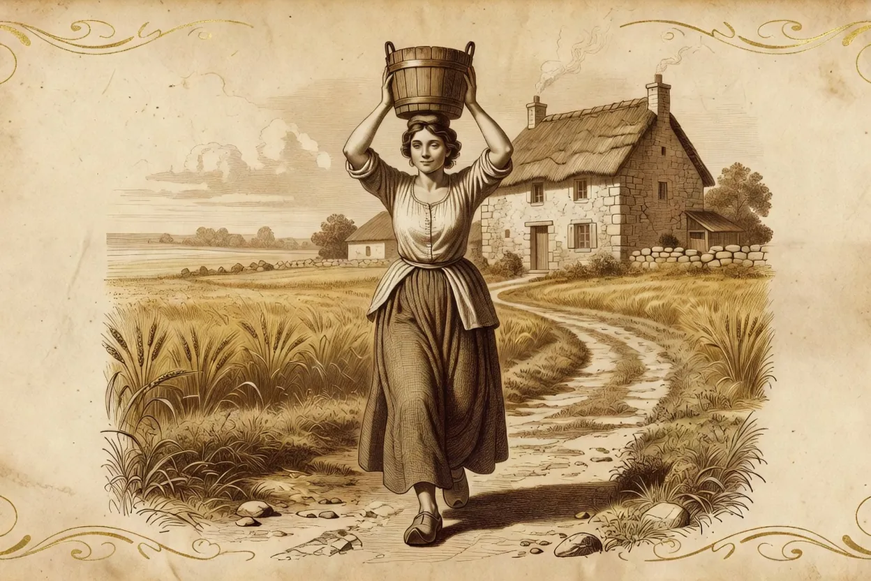 Gravure évoquant Perrette portant son pot au lait sur un chemin rural, image de l'espérance et du risque