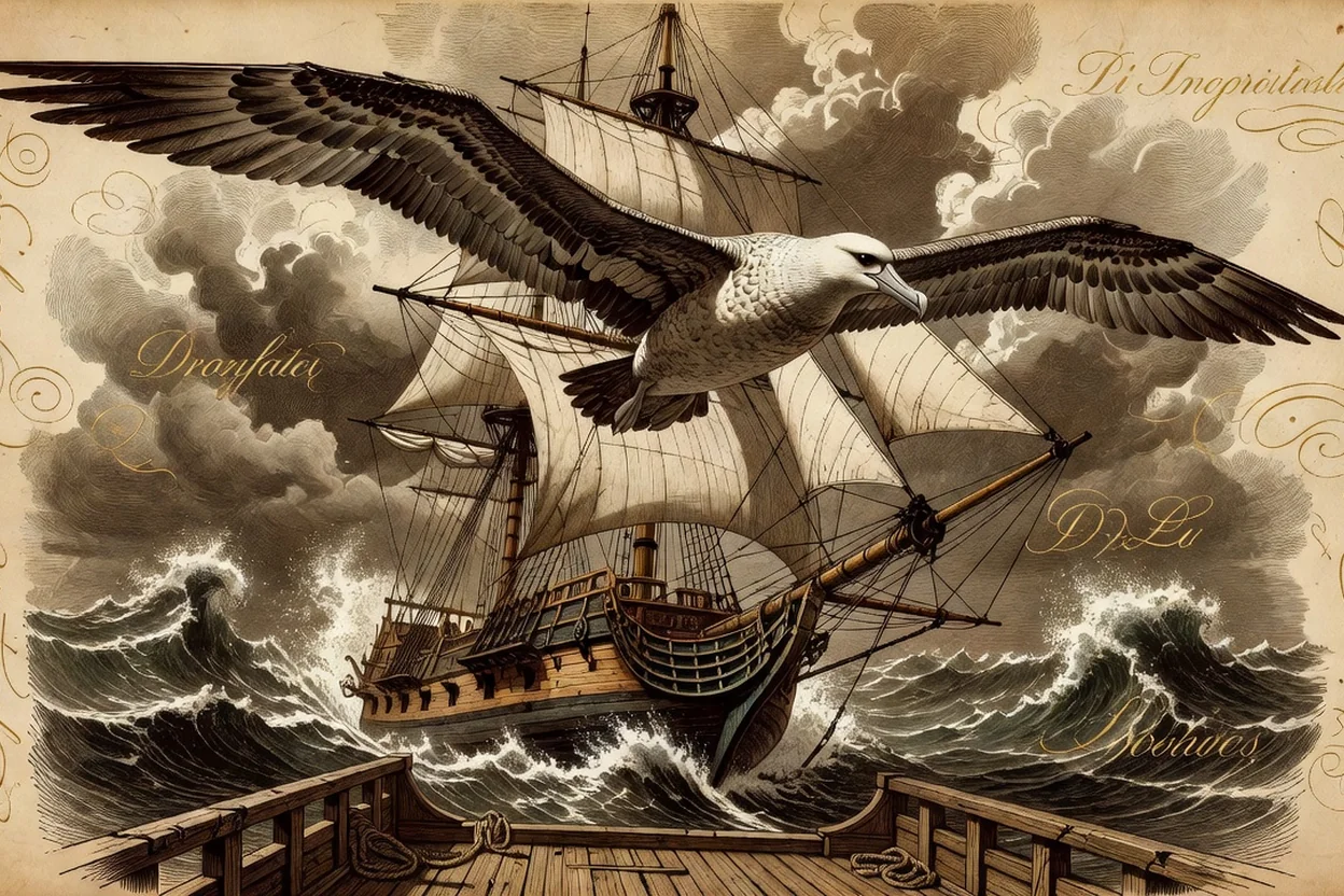 Gravure ancienne d'un albatros aux grandes ailes déployées au-dessus d'une mer agitée, vues depuis le pont d'un voilier