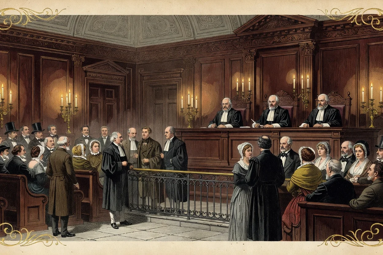 Gravure ancienne d'une salle d'audience du Second Empire avec magistrats en robes et public assist à un procès littéraire