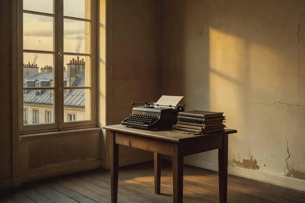 Bibliothèque particulière avec ouvrages de La Rochefoucauld, Nietzsche et Cioran alignés, lumière chaude, ambiance studieuse et intimiste