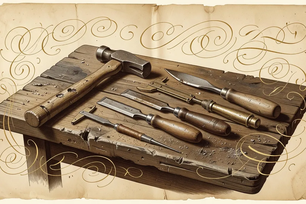 Charpentier compagnon taillant une poutre en bois à l'ancienne avec une herminette, atelier traditionnel, copeaux au sol
