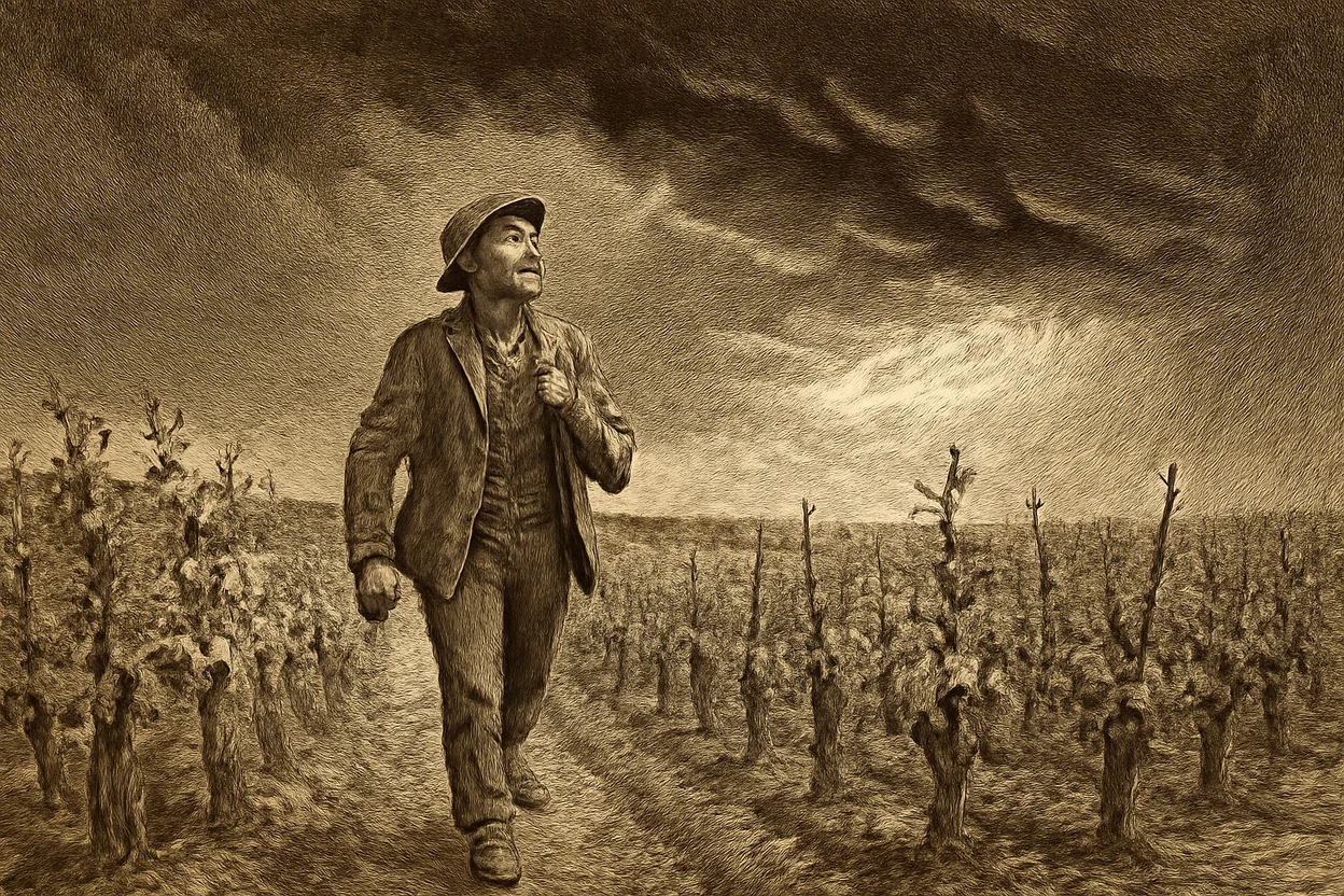Vigneron français inquiet marchant dans les rangs de vigne en avril sous un ciel d'orage menaçant, gravure sépia ancienne