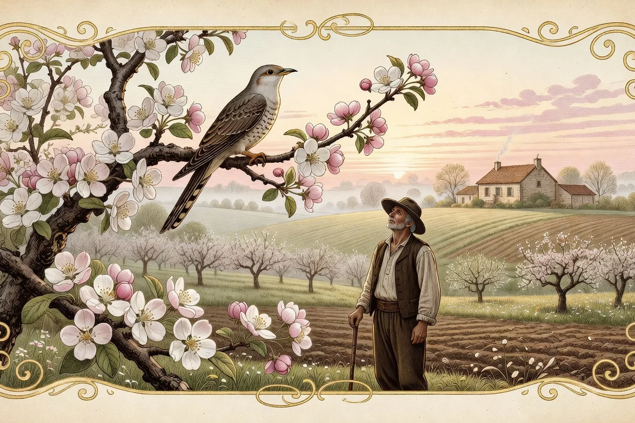 Coucou perché sur une branche de pommier en fleurs à l'aube, paysan français observant l'oiseau en contrebas, illustration ancienne