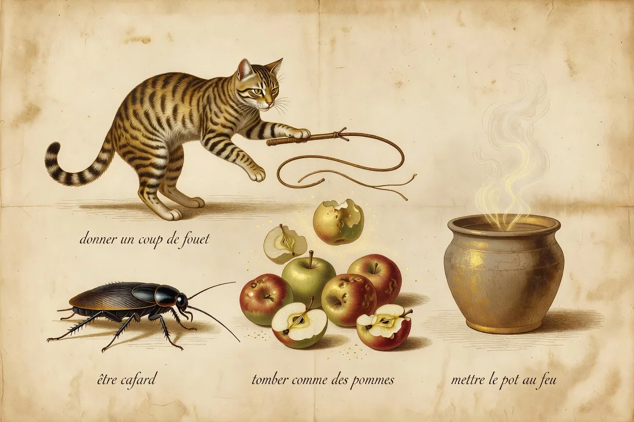 Illustration calligraphique d'un dictionnaire étymologique ouvert sur un bureau de bois, plume d'oie, encrier doré, fond parchemin