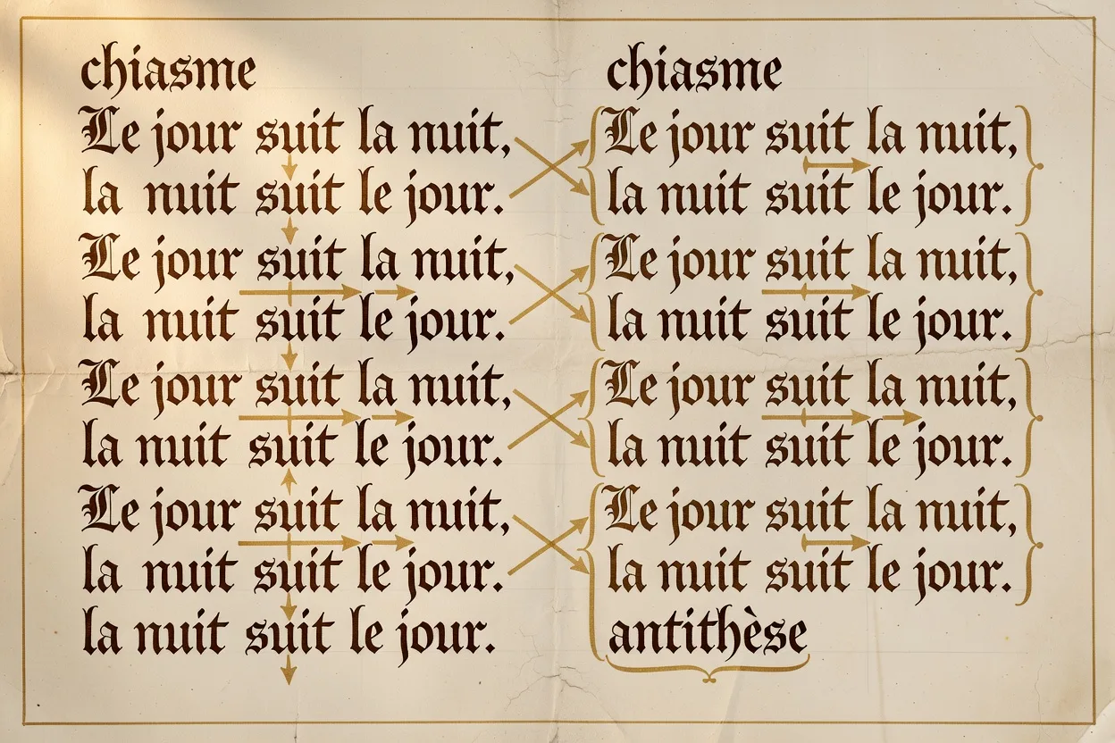 Tableau calligraphique illustrant des figures de style avec exemples en calligraphie gothique sur parchemin, style encyclopédie du XVIIIe siècle
