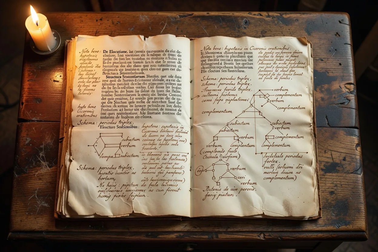 Page d'un traité de rhétorique humaniste avec annotations manuscrites, schémas de structures syntaxiques, lumière de chandelle sur bureau de bois