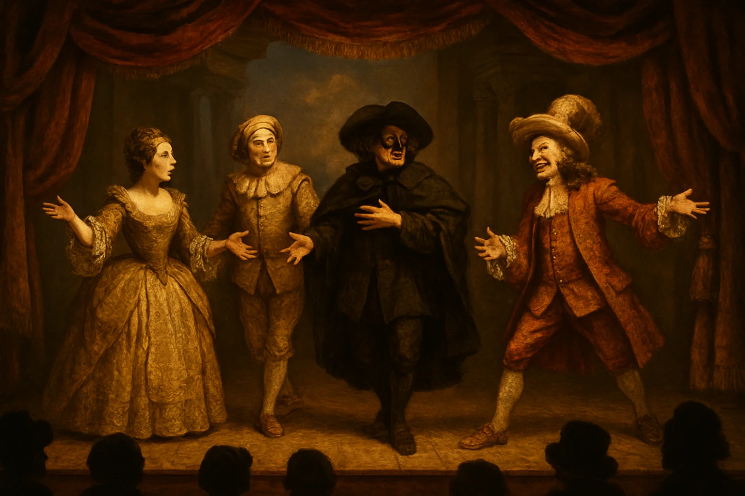 Portrait stylisé de Molière en costume de Scapin, plume et parchemin, théâtre du Grand Siècle, lumière chaude