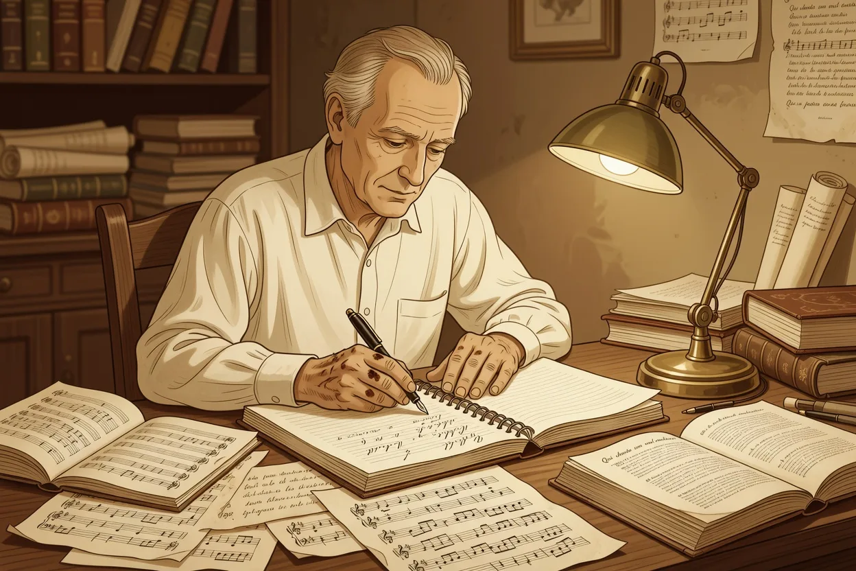 Parolier français écrivant ses textes à la main dans un carnet de musique, ambiance atelier, lumière chaleureuse