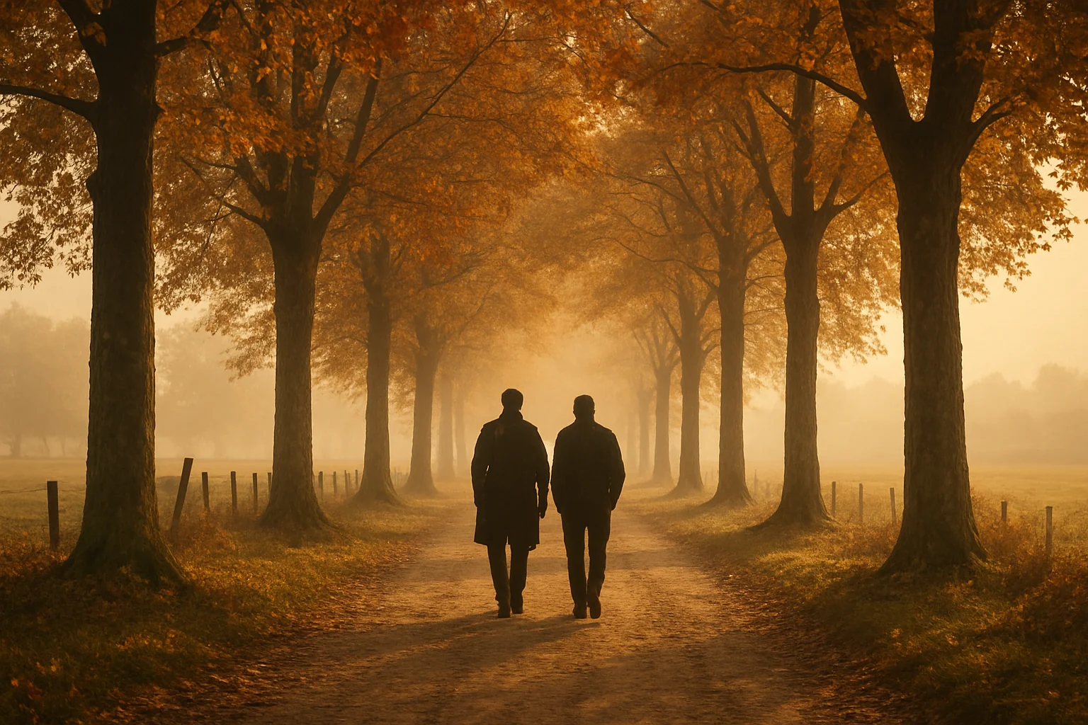 Chemin de campagne bordé d'arbres en automne, deux silhouettes marchant côte à côte au loin, ambiance de compagnonnage