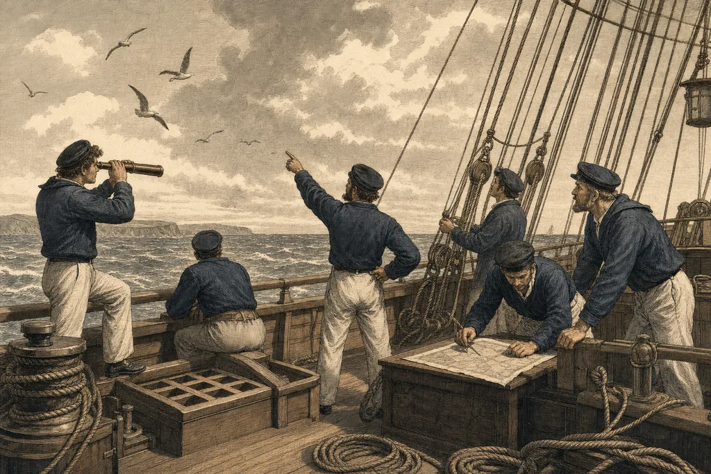 Marin observant le ciel et l’état de la mer depuis le pont d’un navire traditionnel