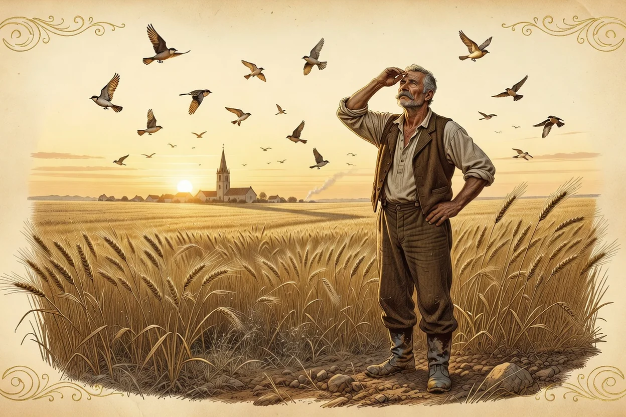 Gravure ancienne d'un paysan observant le ciel au-dessus de ses champs au lever du soleil, avec des oiseaux au premier plan
