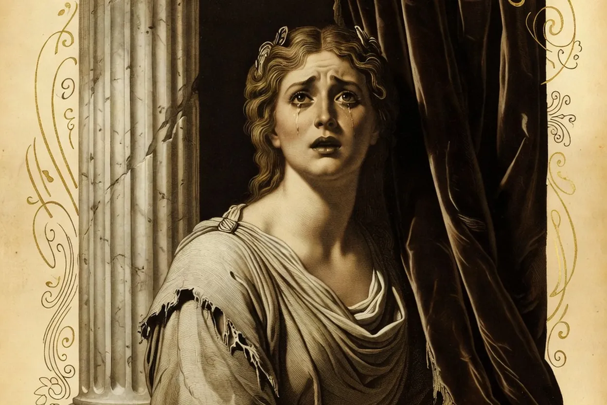 Gravure ancienne représentant une scène tragique inspirée de Phèdre, avec une héroïne voilée devant un palais antique