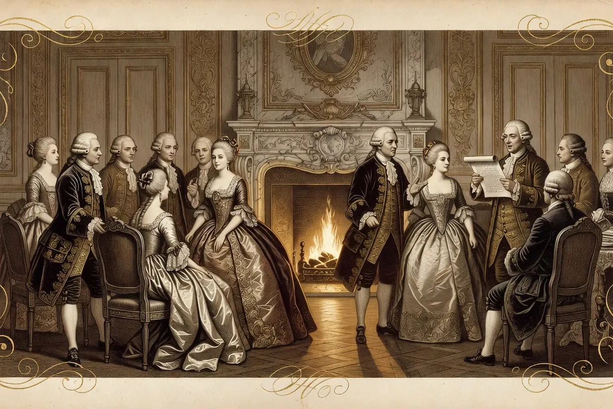 Salon littéraire du XVIIIe siècle évoquant la marquise du Deffand, avec une lectrice, des invités et une correspondance posée sur une table