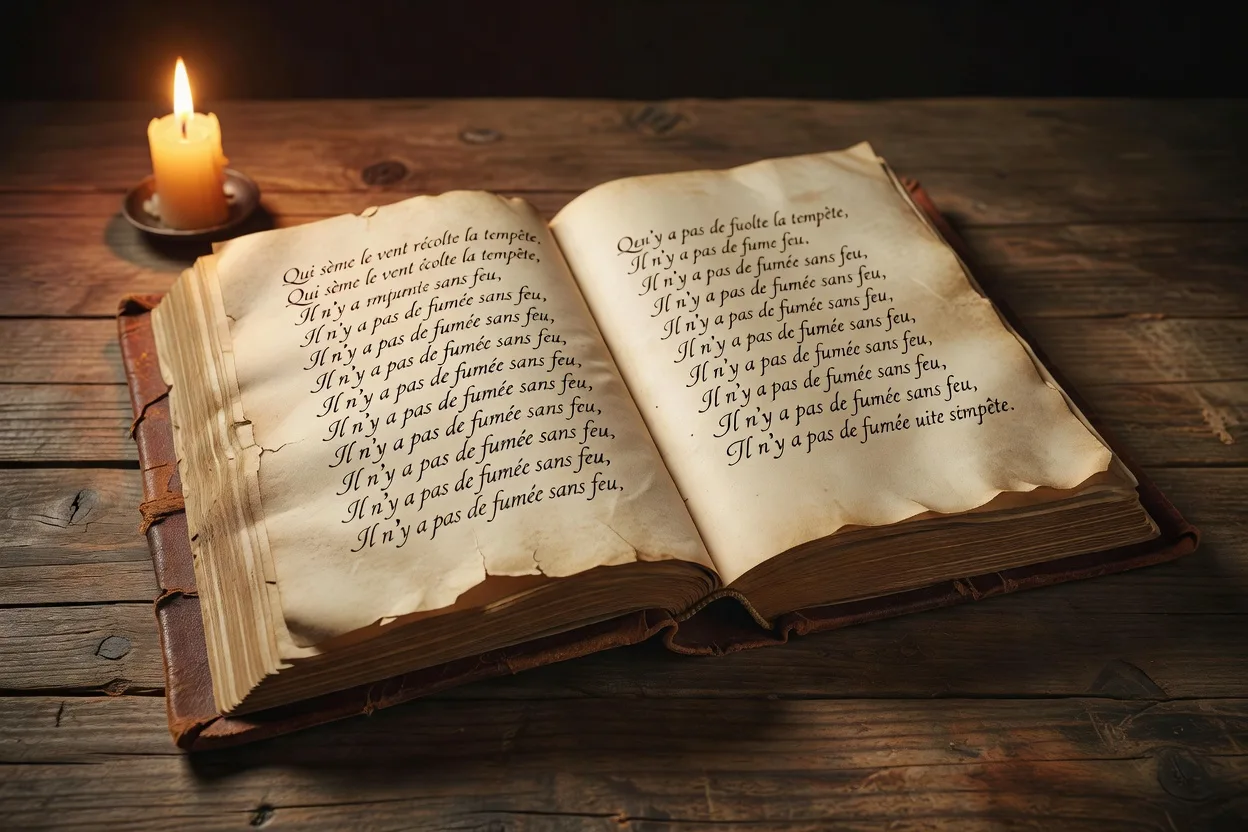 Recueil de proverbes français ancien, pages jaunies avec calligraphie gothique, reliure cuir, posé sur table en bois sombre