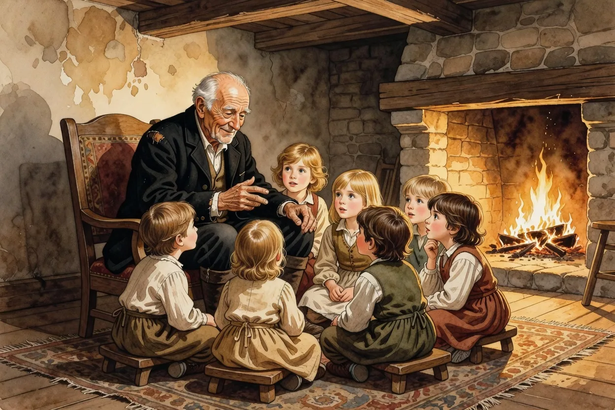 Scène familiale française du 19e siècle avec grand-père transmettant des proverbes à ses petits-enfants au coin du feu, ambiance chaleureuse