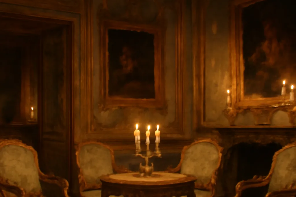 Salon parisien du XVIIIe siècle avec fauteuils dorés et lumière de bougies, ambiance feutrée de conversation mondaine
