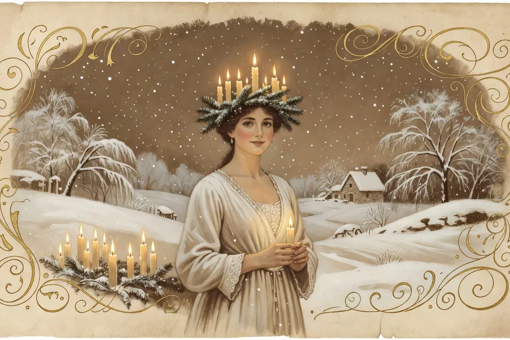 Procession nocturne paysanne autour de la Sainte-Lucie sous la neige, lanternes et bougies dans un village français du XIXᵉ siècle