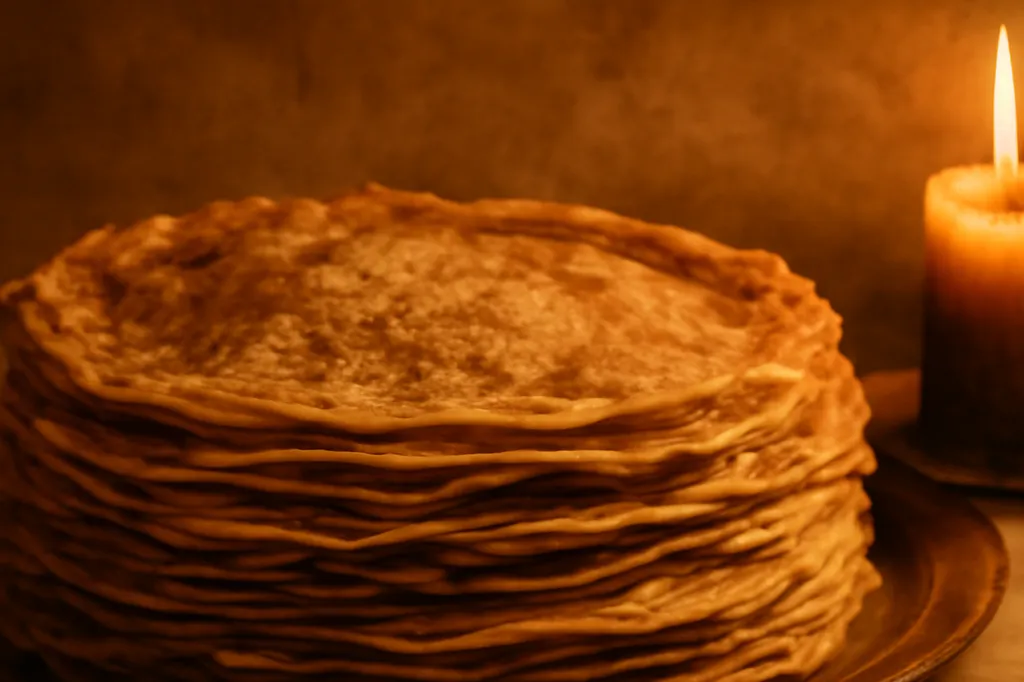 Pile de crêpes dorées sur une assiette, avec une bougie allumée à côté