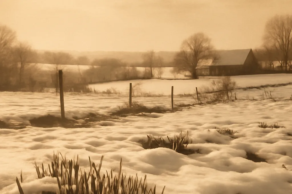 Paysage de campagne française enneigé en fin d’hiver, avec de premières pousses vertes qui percent la neige fondante