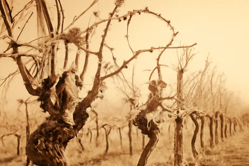 Ceps de vigne couverts de givre dans un vignoble français en janvier, lumière dorée du matin