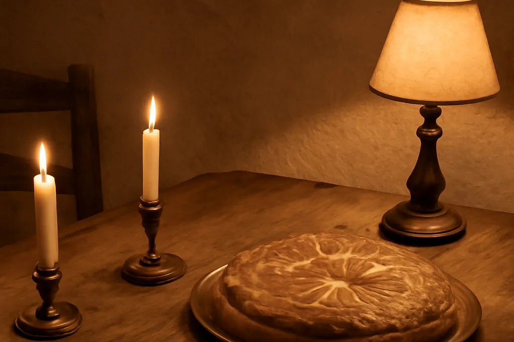 Table en bois rustique dressée pour le nouvel an avec une galette, des bougies allumées et une lampe à huile