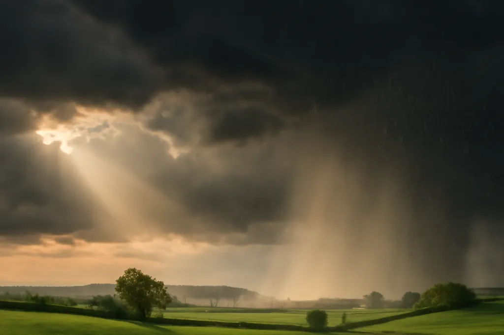 Averse brève et lumineuse sur une campagne française en mars, ciel contrasté entre nuages sombres et éclaircie