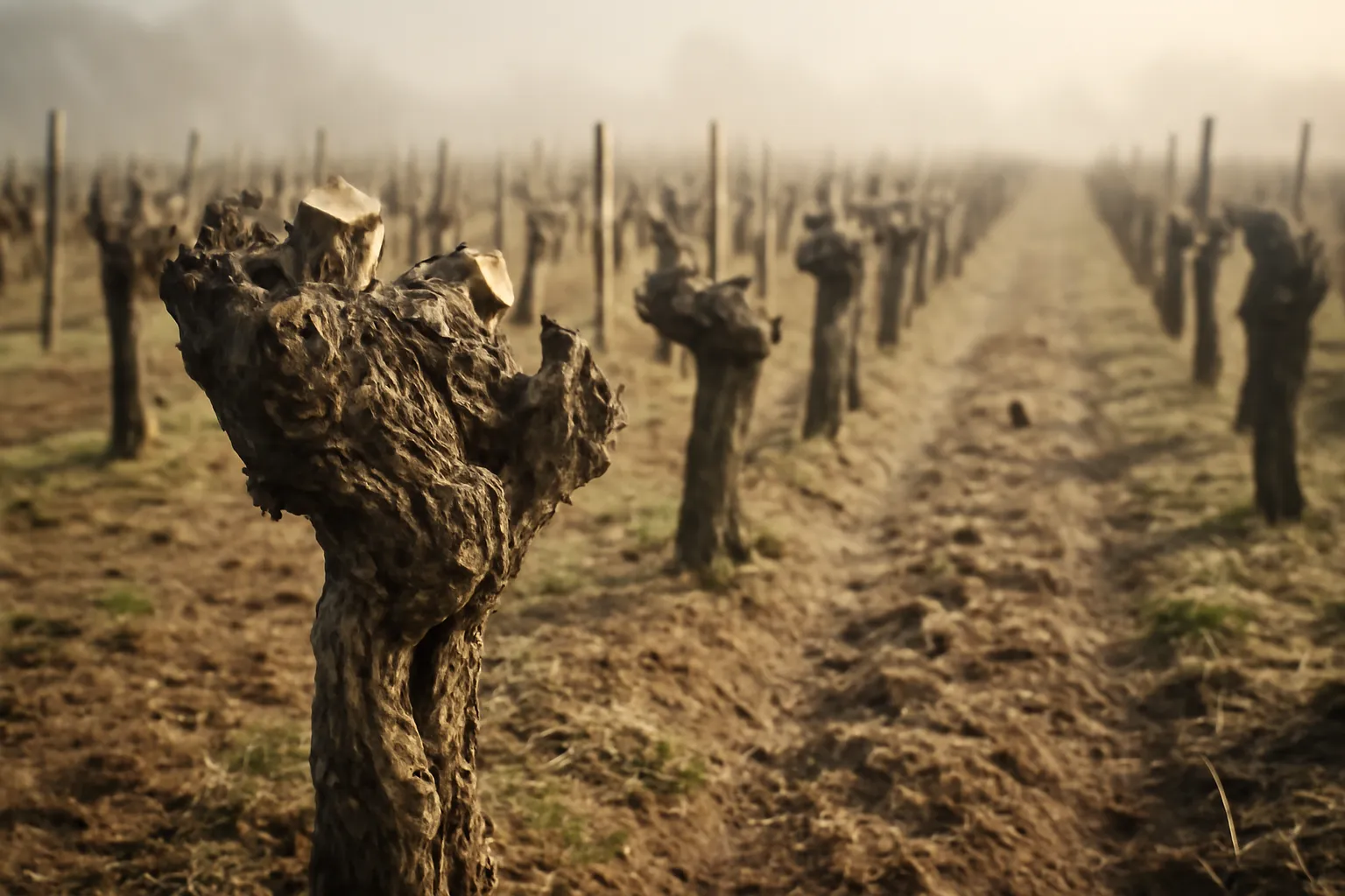 Vigne en taille au début du printemps, ceps noueux sous un ciel encore froid, rangées régulières dans la brume matinale