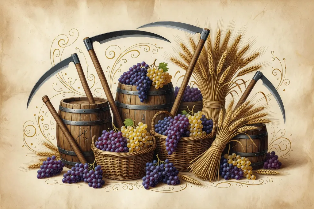 Vigne d'octobre aux feuilles rougeoyantes, raisin tardif et vendangeur traditionnel en arrière-plan dans la campagne française