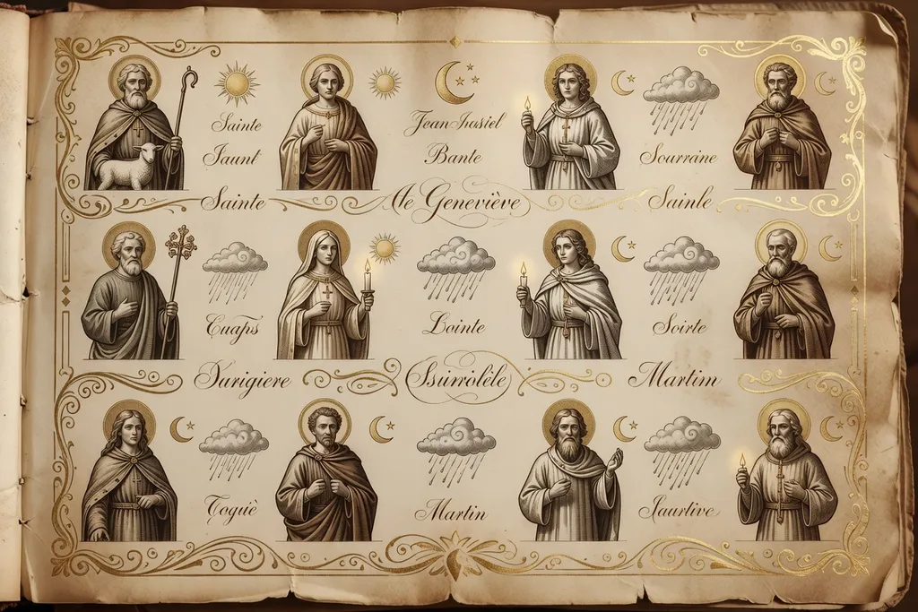 Calendrier paysan illustré, manuscrit ancien posé sur une table de ferme