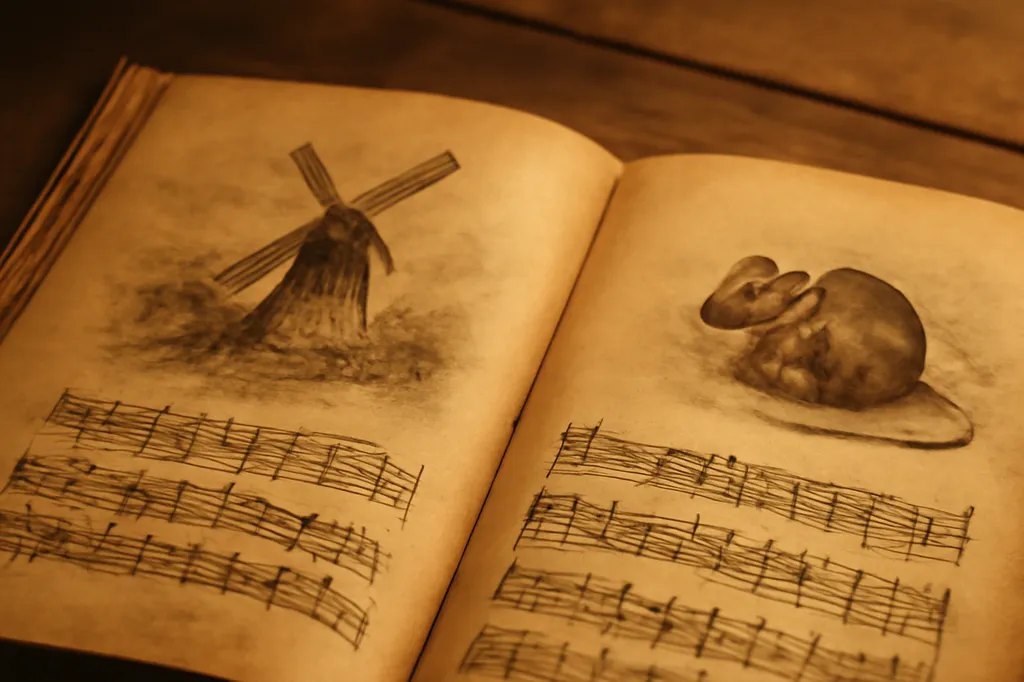 Livre de chansons illustré ancien, ouvert sur des pages montrant un moulin à vent et une souris et un lapin dessinés, avec des partitions musicales