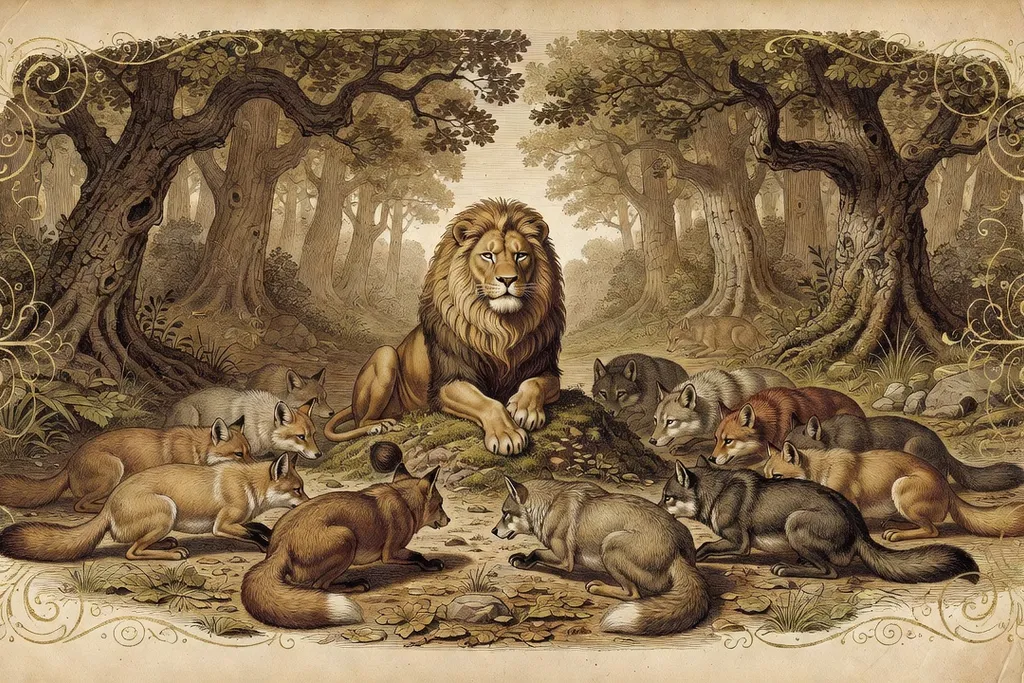 Lampe à huile et plume sur des Fables ouvertes : la flatterie et le pouvoir analysés à la lumière dorée