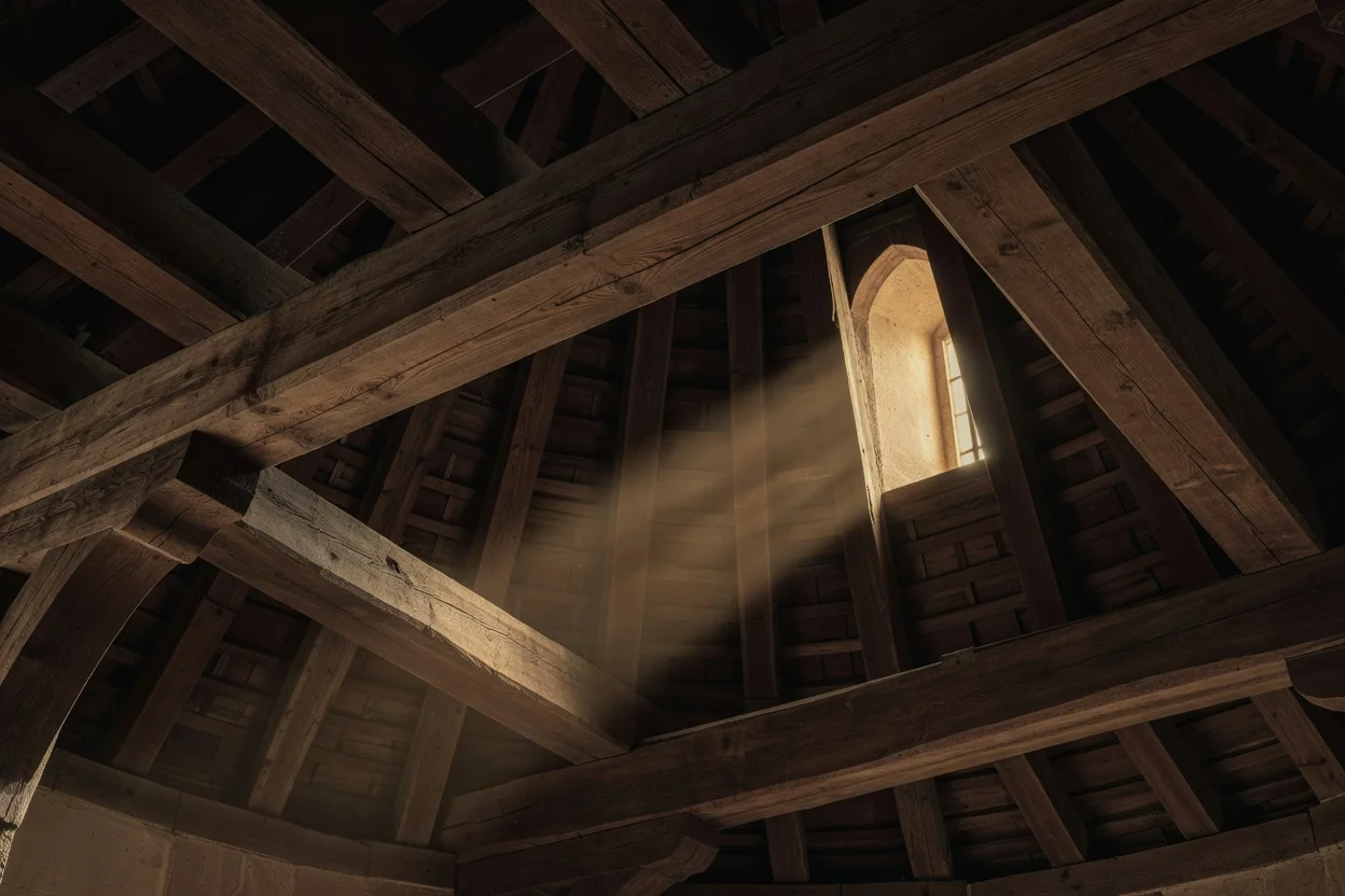 Poutres et solives en bois sombre au plafond d’une bibliothèque de tour Renaissance, éclairage rasant