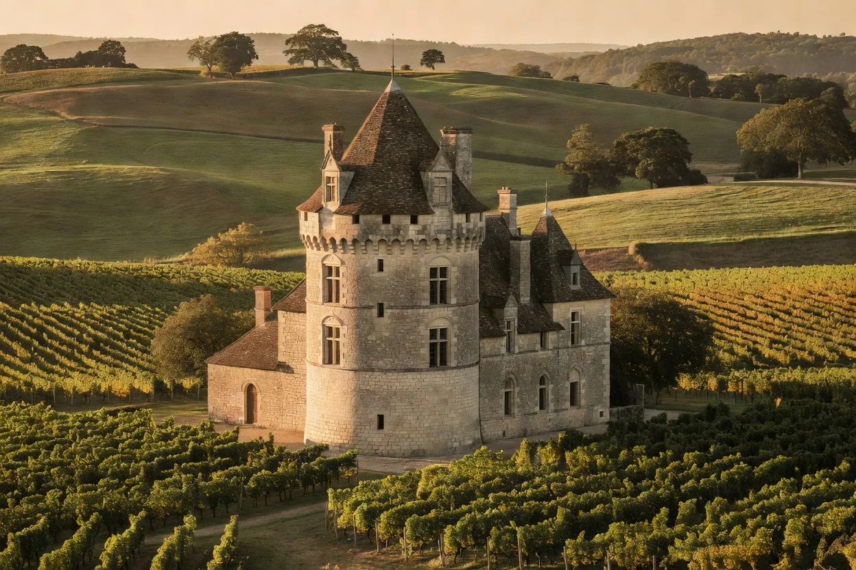 Tour ronde en pierre d’un château Renaissance français au milieu de vignobles, lumière dorée de fin d’après-midi