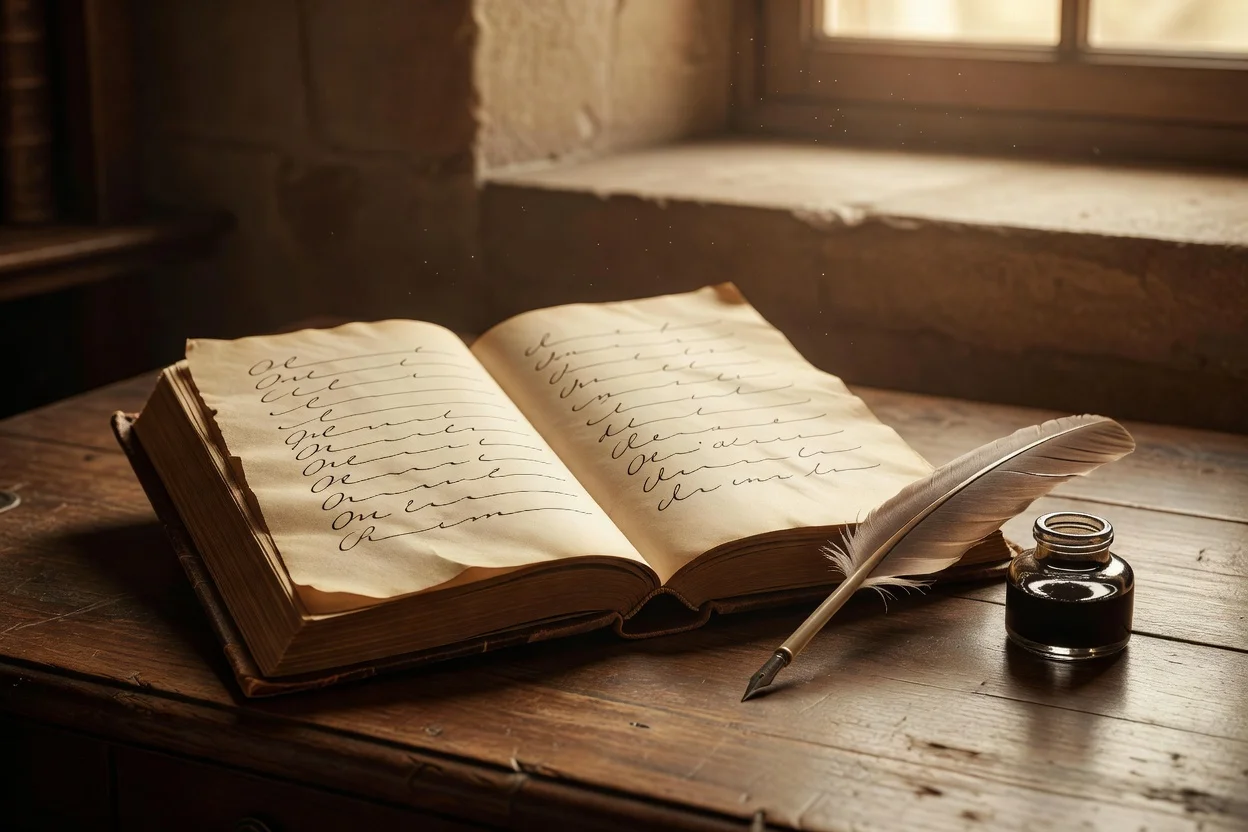 Livre ancien ouvert avec écriture manuscrite illisible à côté d’une plume et d’un encrier, sur un bureau en bois près d’une fenêtre