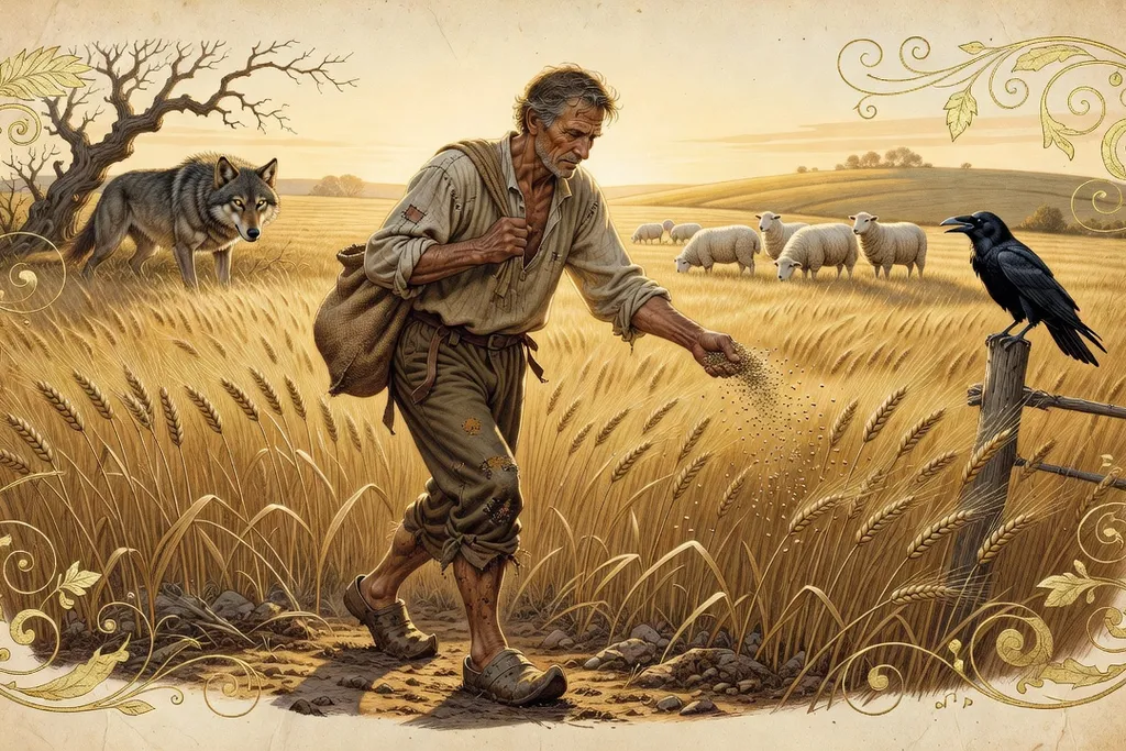 Scène rurale française du XVIIᵉ siècle illustrant la moisson et le bestiaire des proverbes
