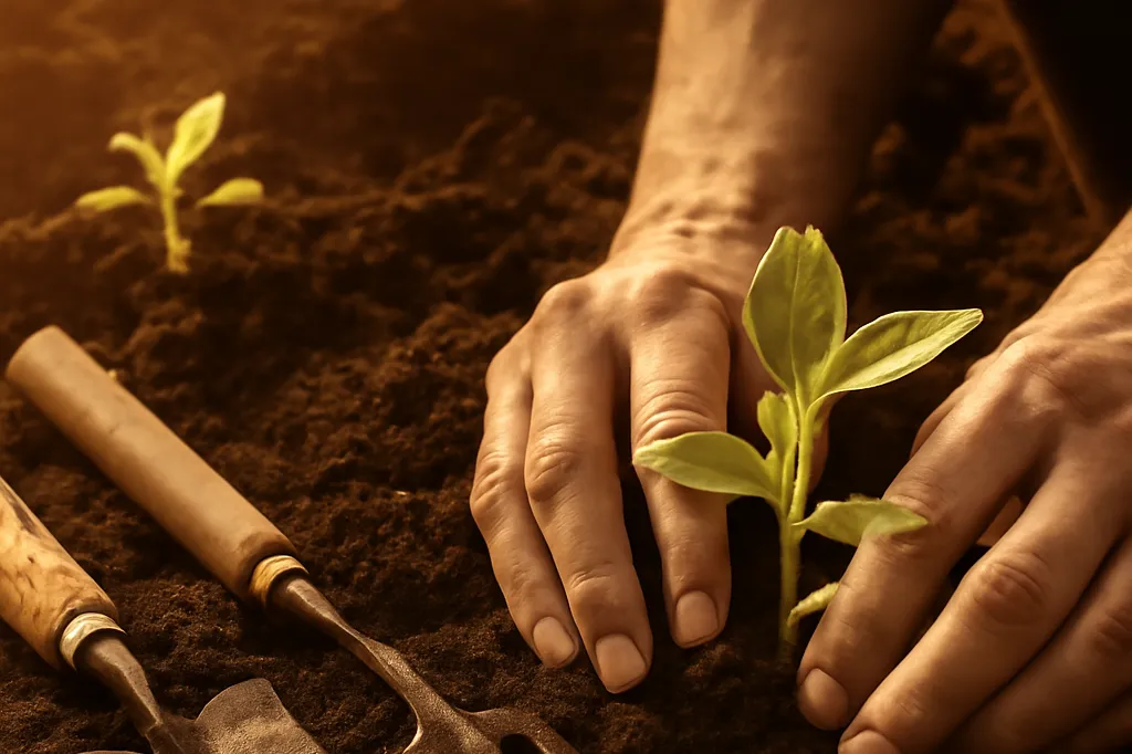 Gros plan de mains plantant un jeune plant dans la terre, outils de jardin posés à proximité