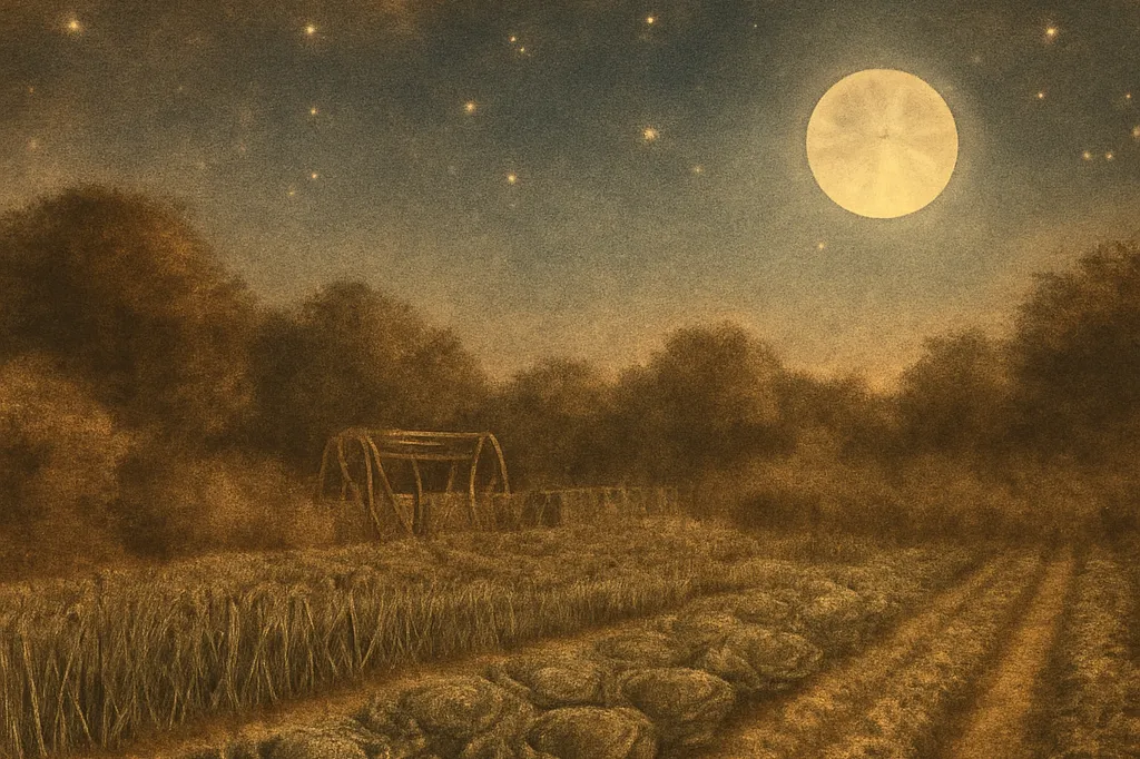 Potager traditionnel français de nuit sous une pleine lune et un ciel étoilé