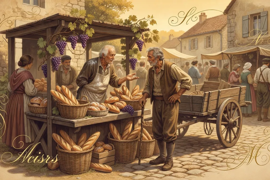Scène de marché villageois français du XIXe siècle, paysans échangeant proverbes et nouvelles autour des étals de pain et de vin