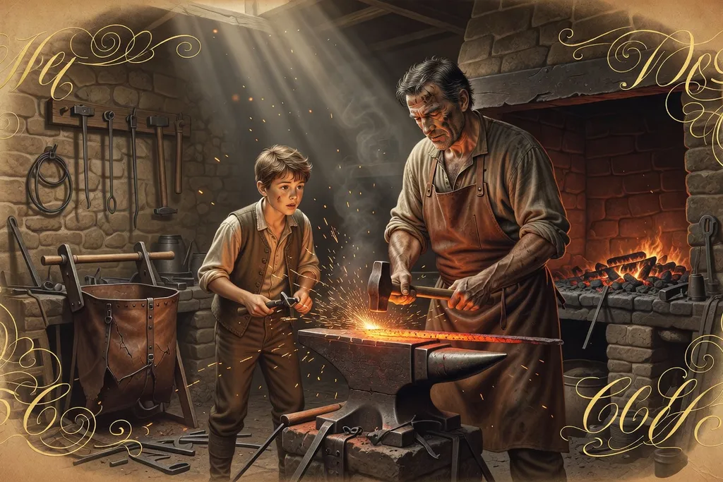 Forge artisanale du XIXe siècle avec un apprenti observant le maître au travail, fer rougi, étincelles, transmission silencieuse du savoir-faire