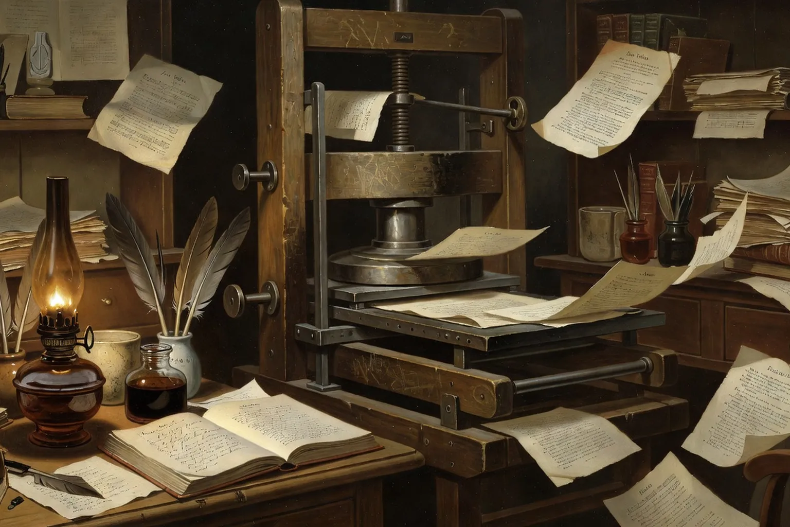 Atelier d'imprimerie parisien au XIXe siècle avec presse et pages des Misérables