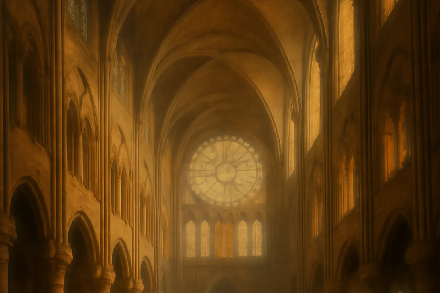 Voûte gothique de Notre-Dame de Paris au XIXe siècle, vitraux et rosace lumineuse