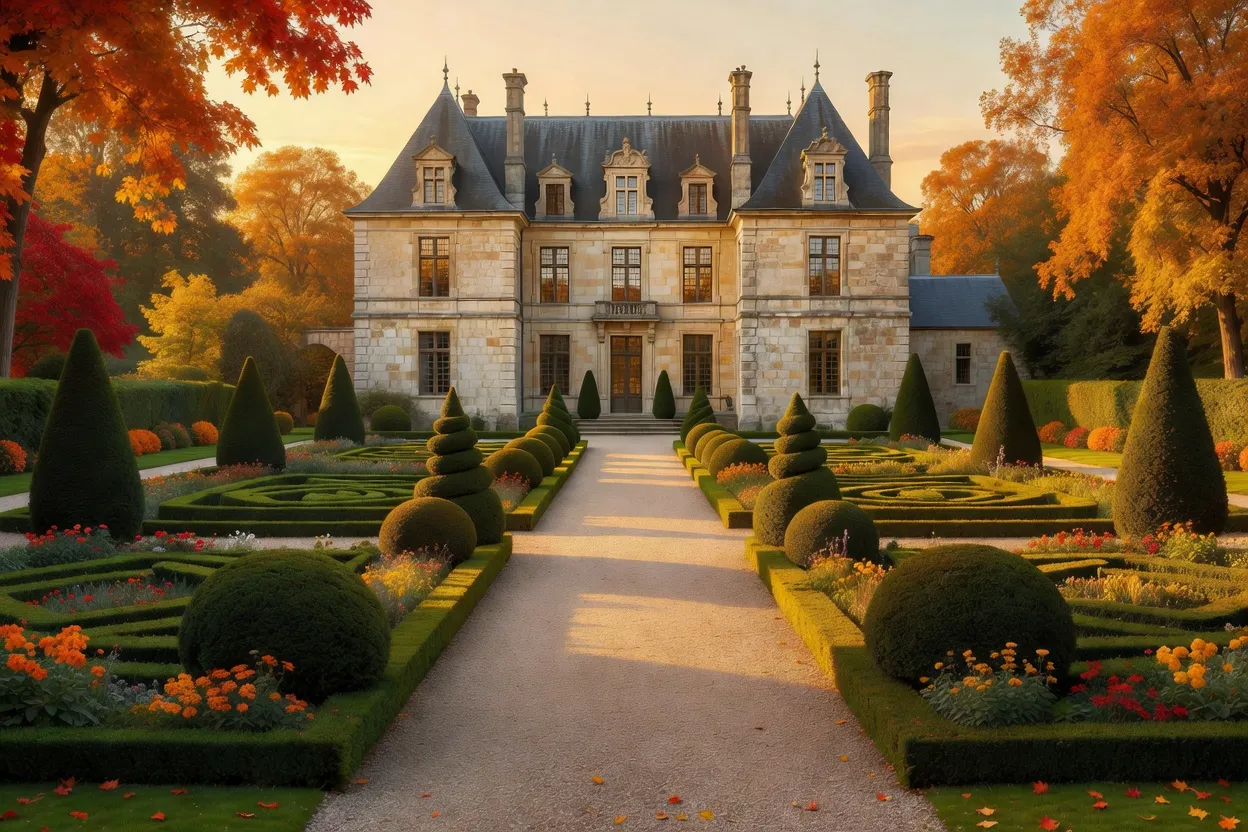 Château de Ferney entouré de jardins à la française, lumière dorée de fin de journée