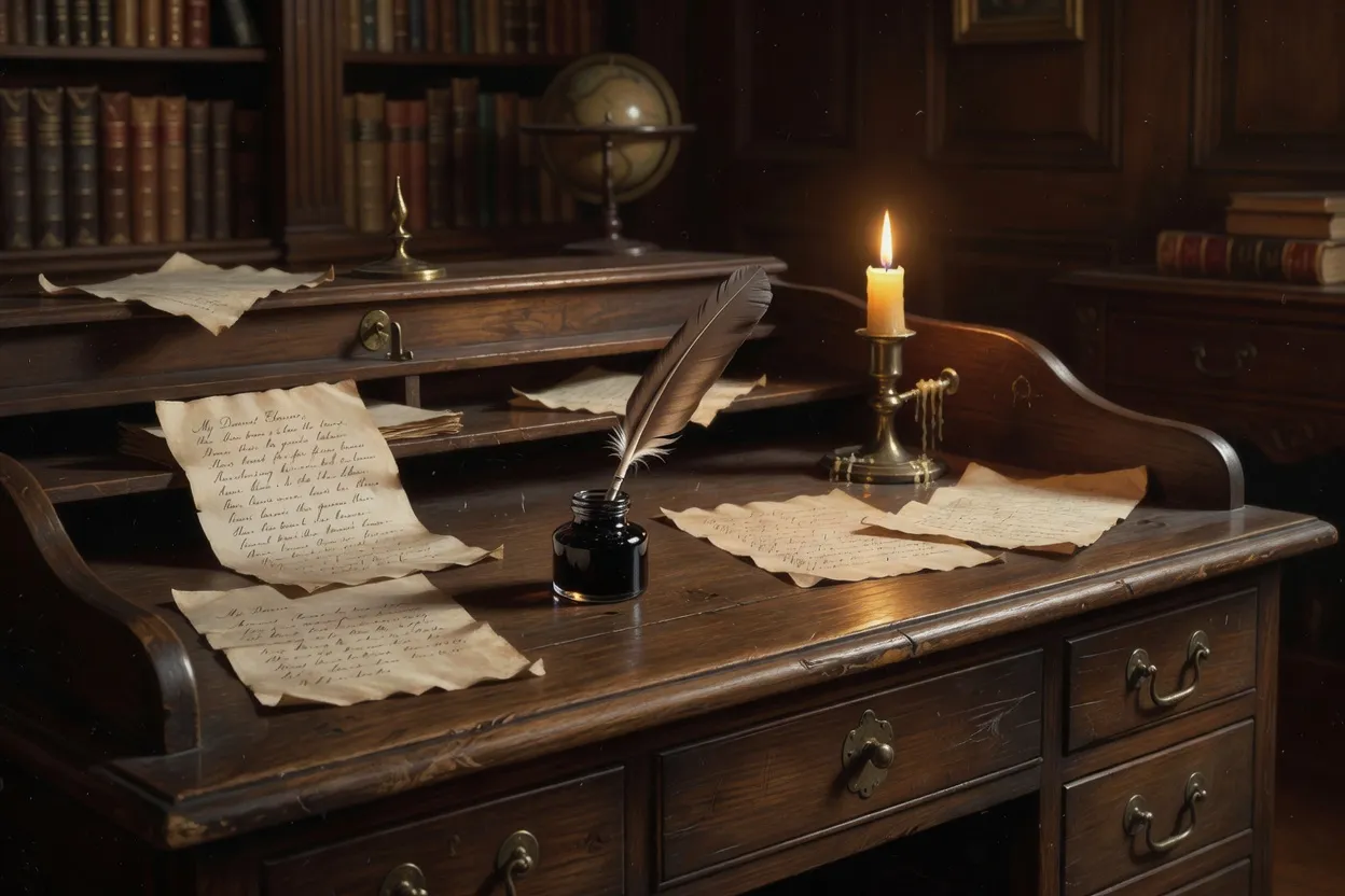 Bureau ancien en bois avec plume d’oie, encrier et manuscrits éclairés à la bougie